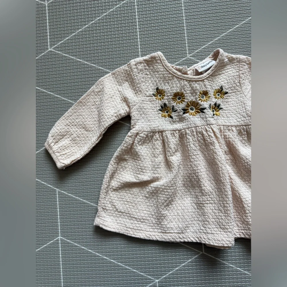Daisy Fuentes|Baby girl Cream Quilted long sleeve Dress w Sunflower Embroidery•